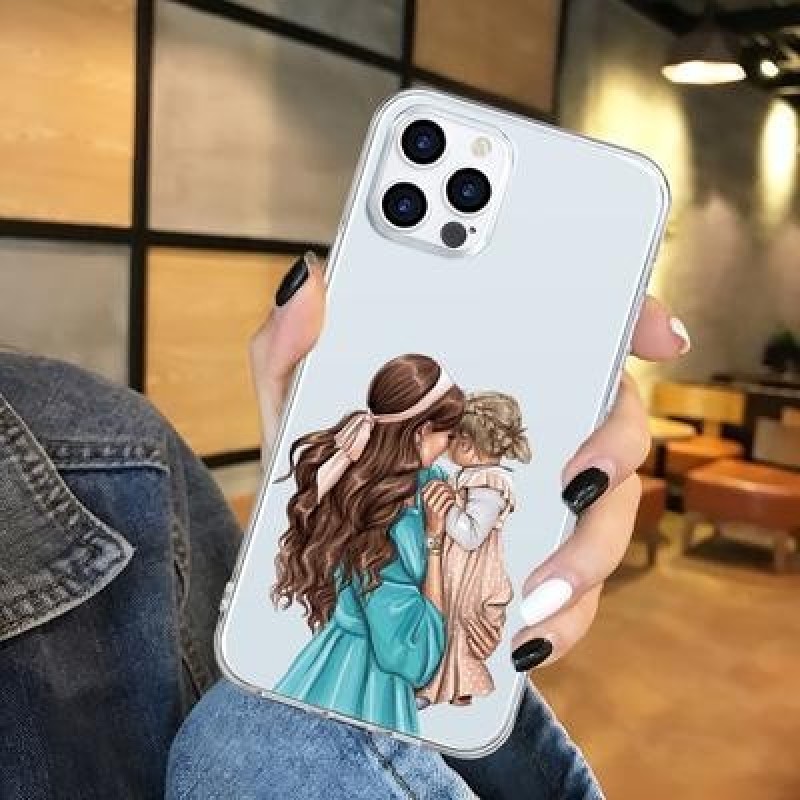 Черный Коричневый Ребенок Мама Девочка Волосы Мягкий TPU Чехол для iPhone 13 12 11 XS Pro Max XR X 7