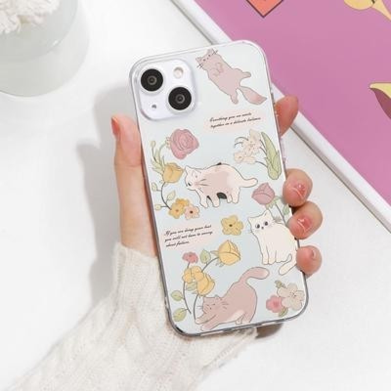Арт Линия Цветок Симпатичный Кот Прозрачный Чехол для телефона для iPhone 14 Plus 13 12 11 X XR XS S
