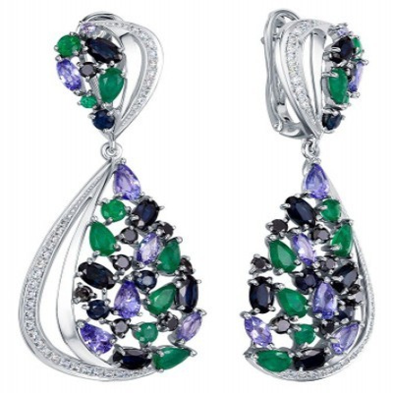 Серьги из белого золота с подвесками Vesna jewelry 21177-251-203-00 с изумрудами, сапфирами, танзани